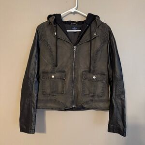 American Eagle Olive Green Double Layered ZipUp Faux Leather Sleeve Jacket LG
